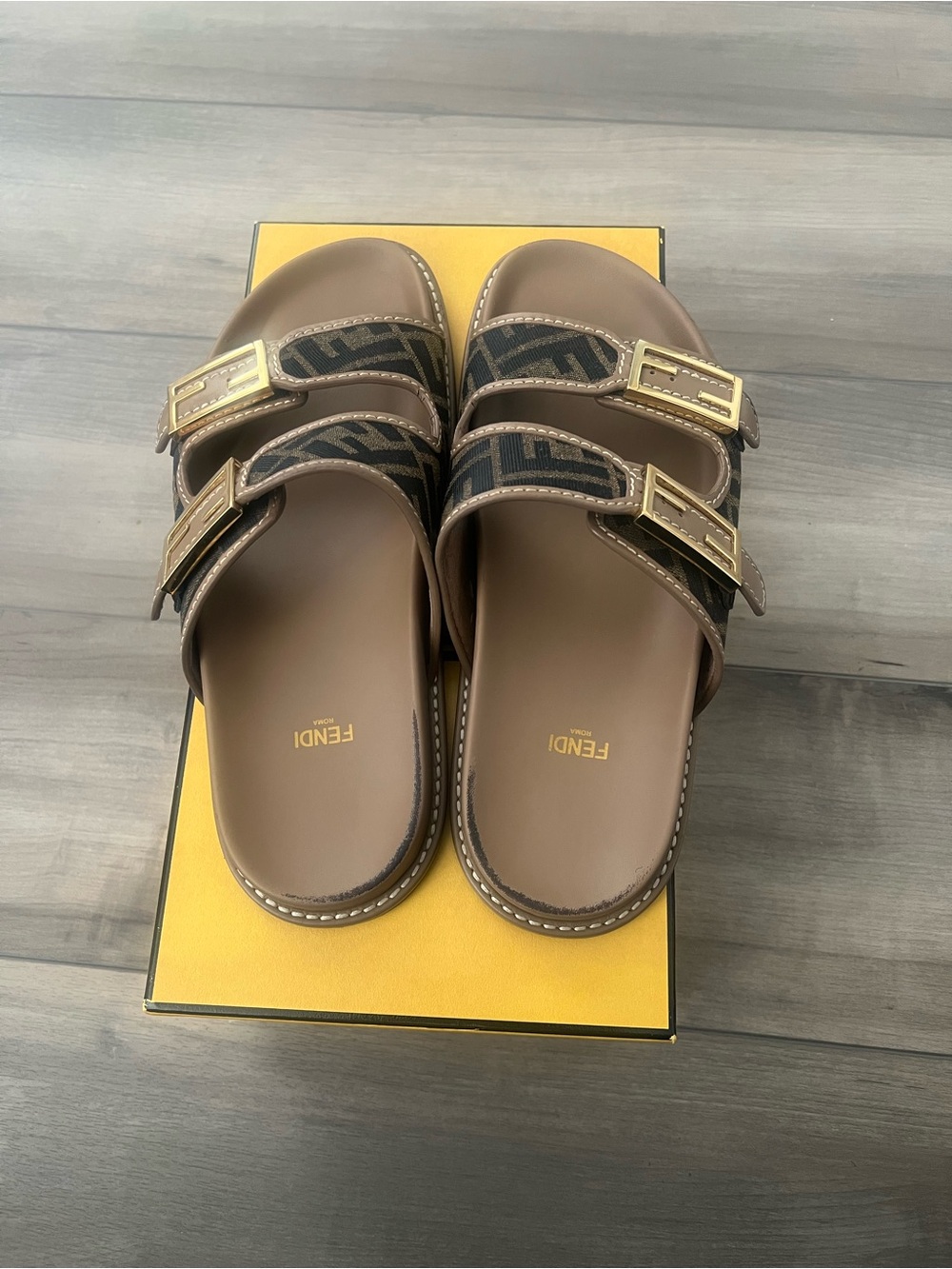 Fendi Brown & Black FF Jacquard Double-Buckle Slides - Picture 2 of 9